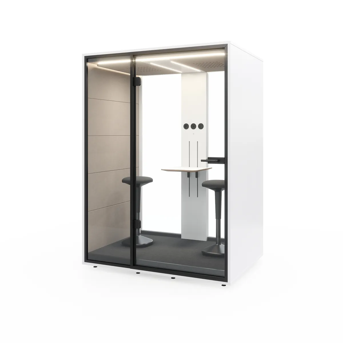 Duo — Belcabine voor twee personen met twee configuraties: Flex biedt plaats aan twee voor een gesprek, Work geeft één persoon een bureau over de volle breedte.
