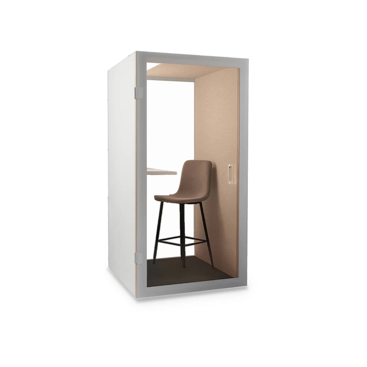 Solo ECO — Cabine acoustique une personne d'entrée de gamme. Emprise 1,1 m², table haute, prise adaptée au pays avec USB, paroi arrière fermée ou vitrée.