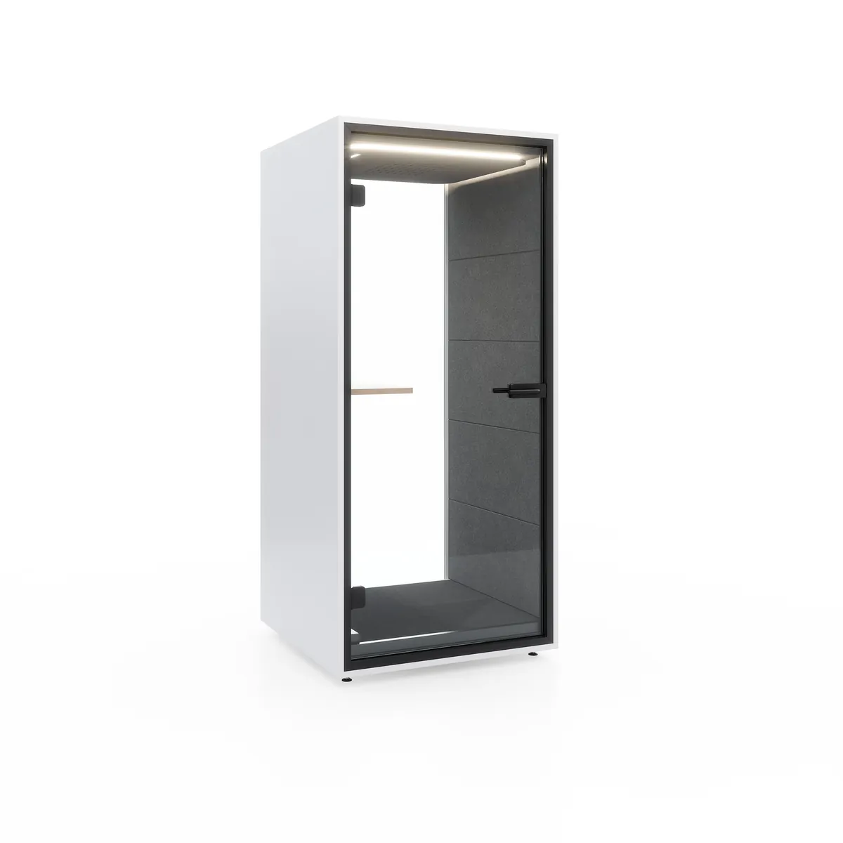 Solo Flex — Belcabine voor één persoon voor focusgesprekken en geconcentreerd werk. 1 m² voetafdruk, geïntegreerd zit-stabureau, 24 dB(A) spraakreductie.